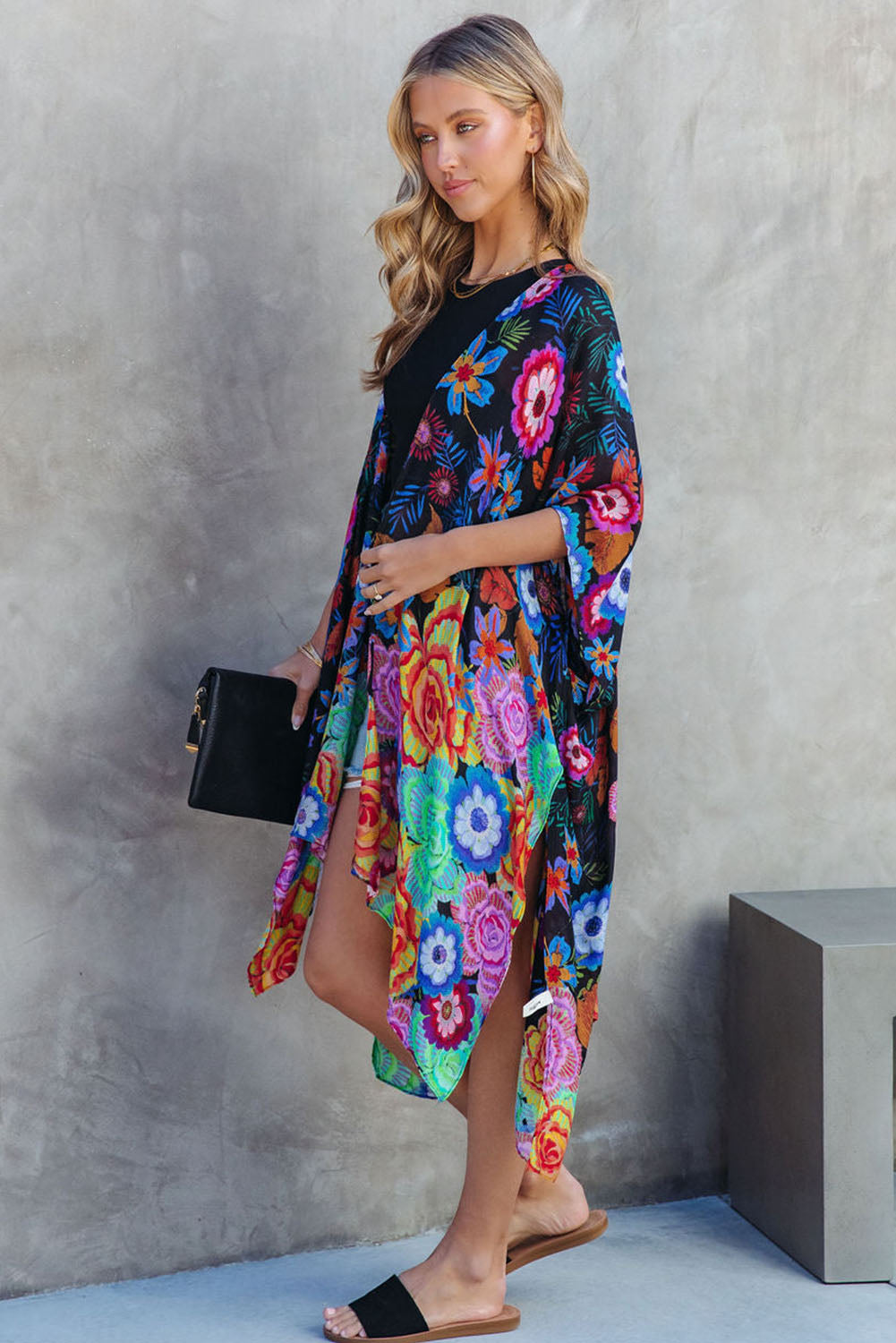 Bohemian Floral Print Half Sleeve Open Front Kimono Fashionpara