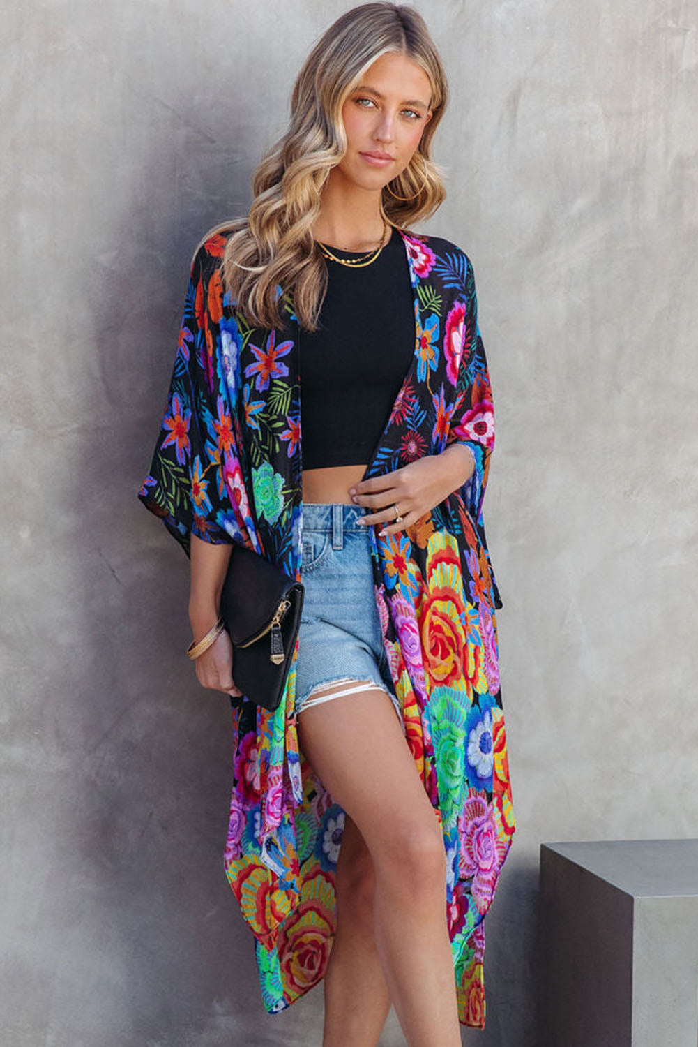 Bohemian Floral Print Half Sleeve Open Front Kimono Fashionpara