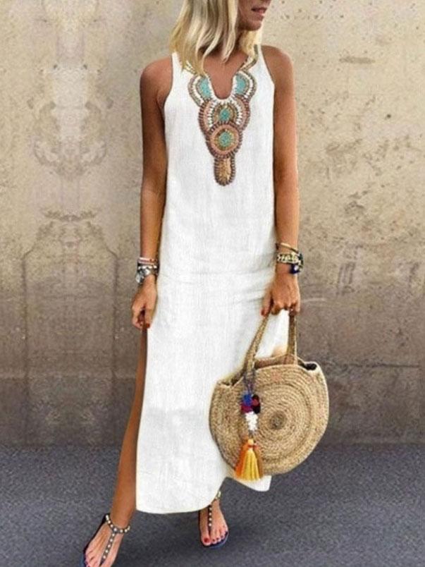 Embroidered V-Neck Sleeveless Side Split Maxi Dress