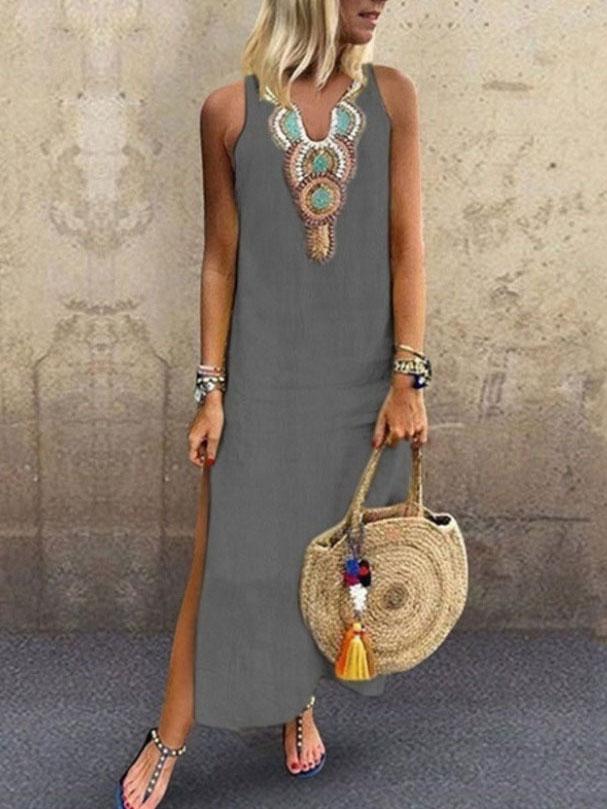 Embroidered V-Neck Sleeveless Side Split Maxi Dress 3