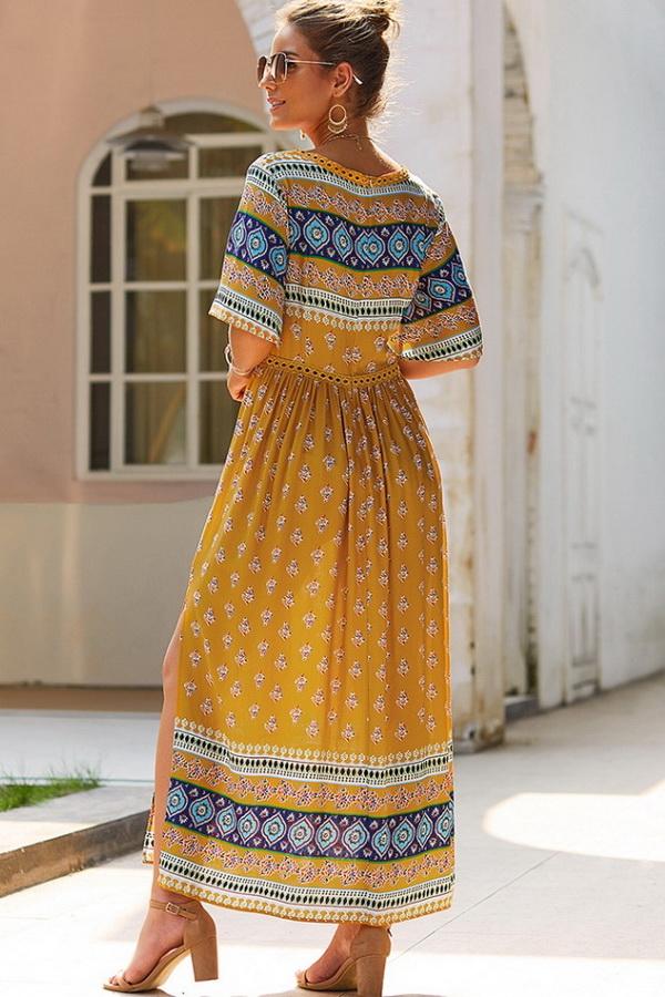 Bohemian V Neck Slit Dress - Fashionpara