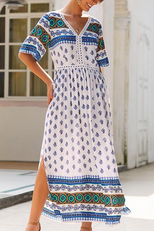Bohemian V Neck Slit Dress - Fashionpara