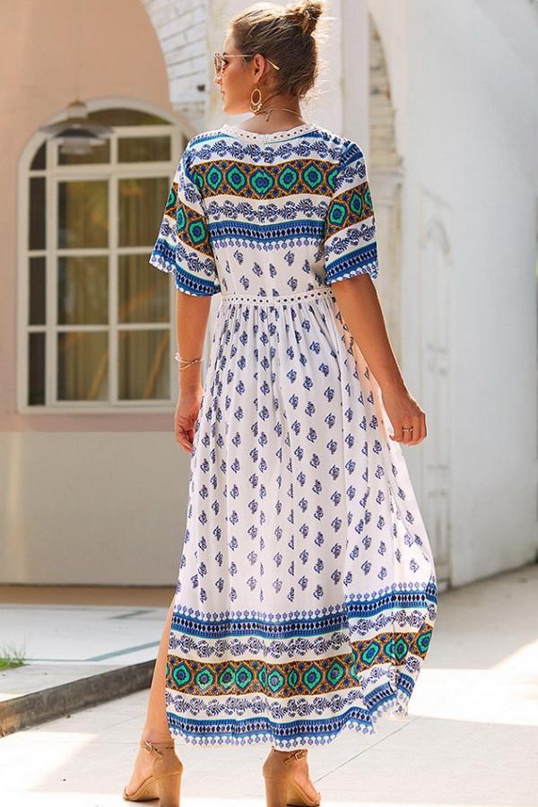 Bohemian V Neck Slit Dress - Fashionpara