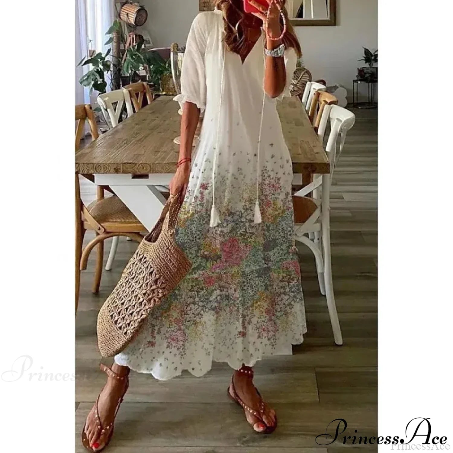 Bohemian Vintage Floral V-neck Summer Beach Dress army green / S oldfloraldress-250126