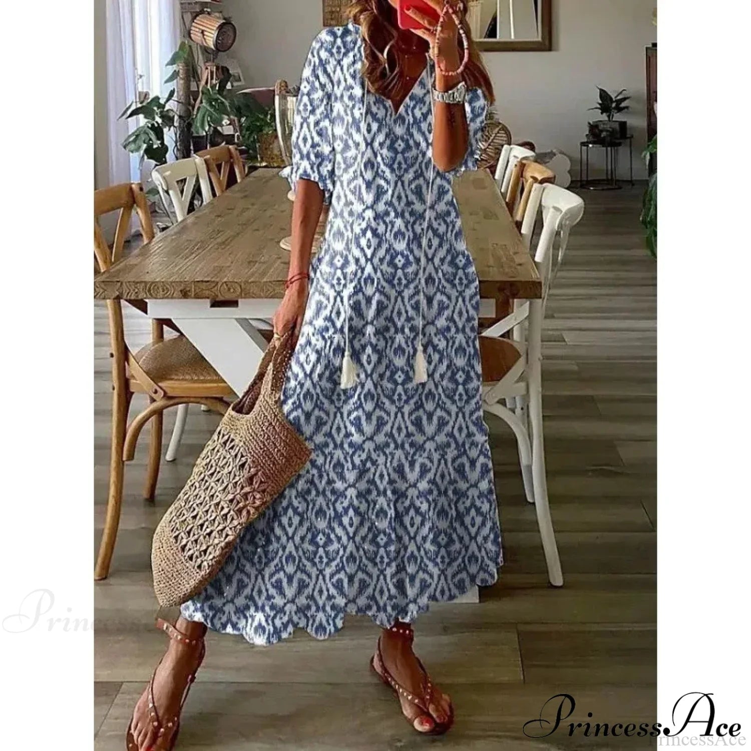 Bohemian Vintage Floral V-neck Summer Beach Dress Blue / S oldfloraldress-250126