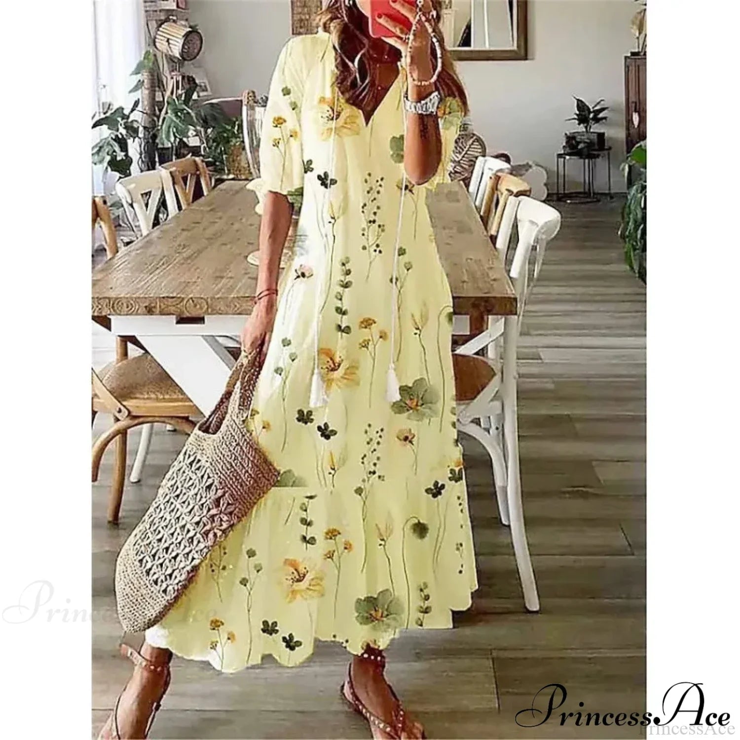 Bohemian Vintage Floral V-neck Summer Beach Dress Gold / S oldfloraldress-250126