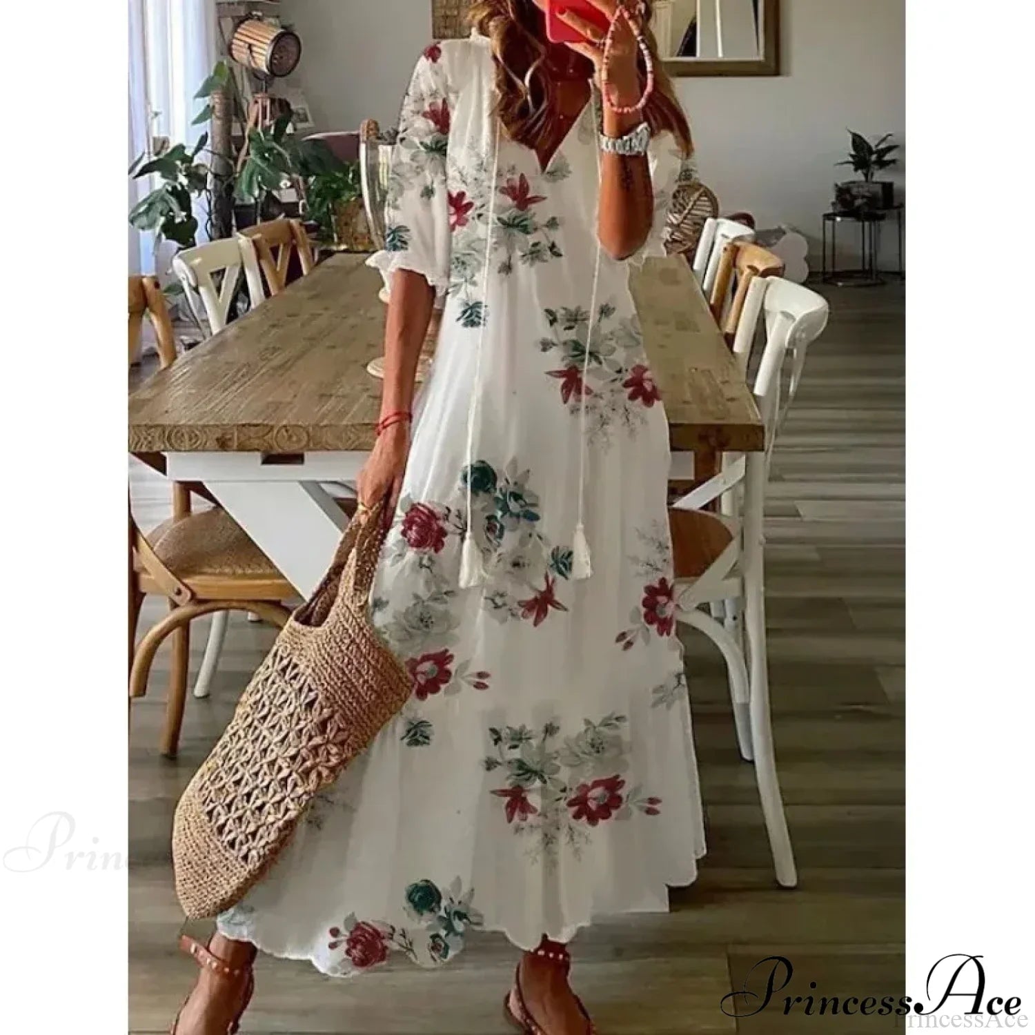 Bohemian Vintage Floral V-neck Summer Beach Dress GRAY / S oldfloraldress-250126