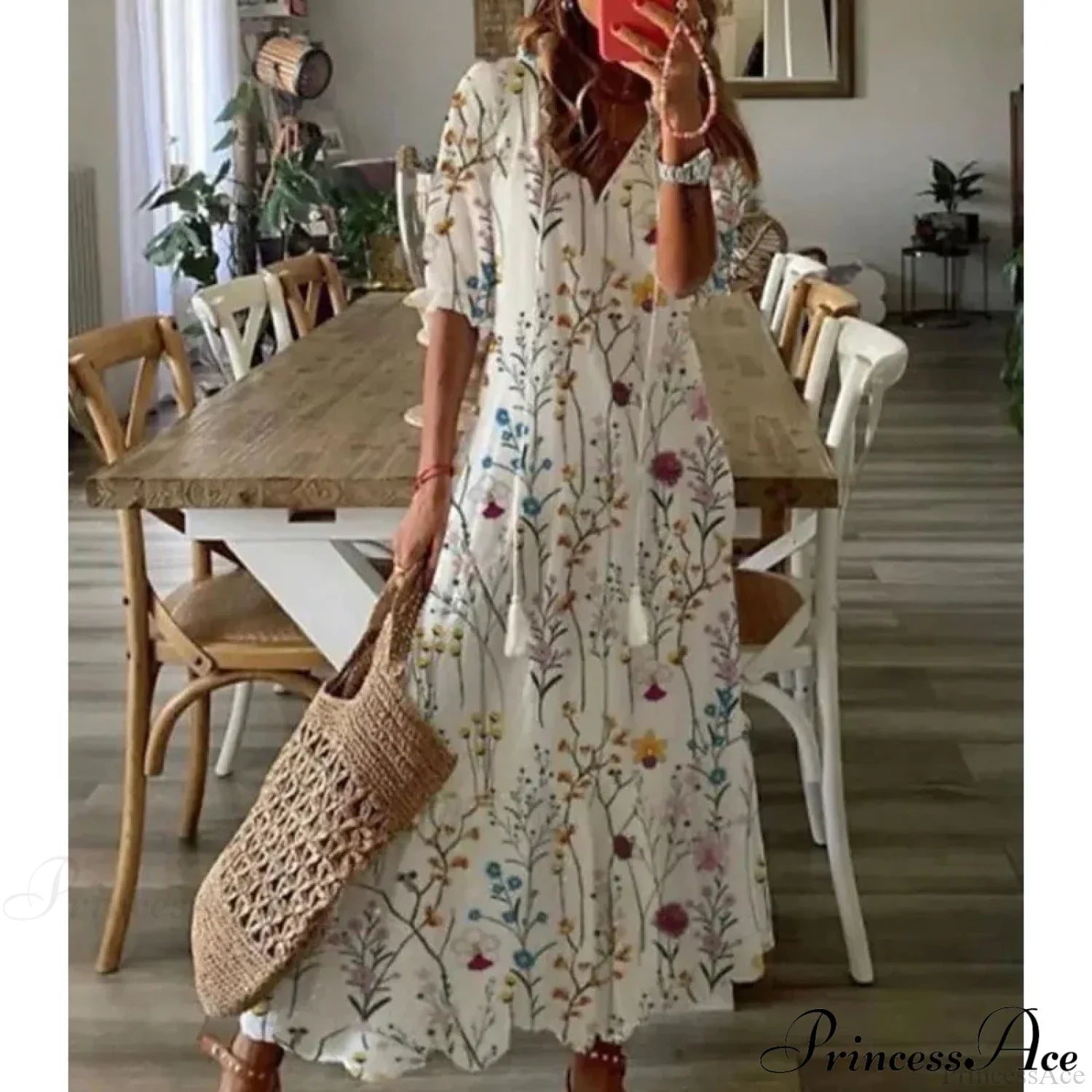 Bohemian Vintage Floral V-neck Summer Beach Dress Mixed Color / S oldfloraldress-250126