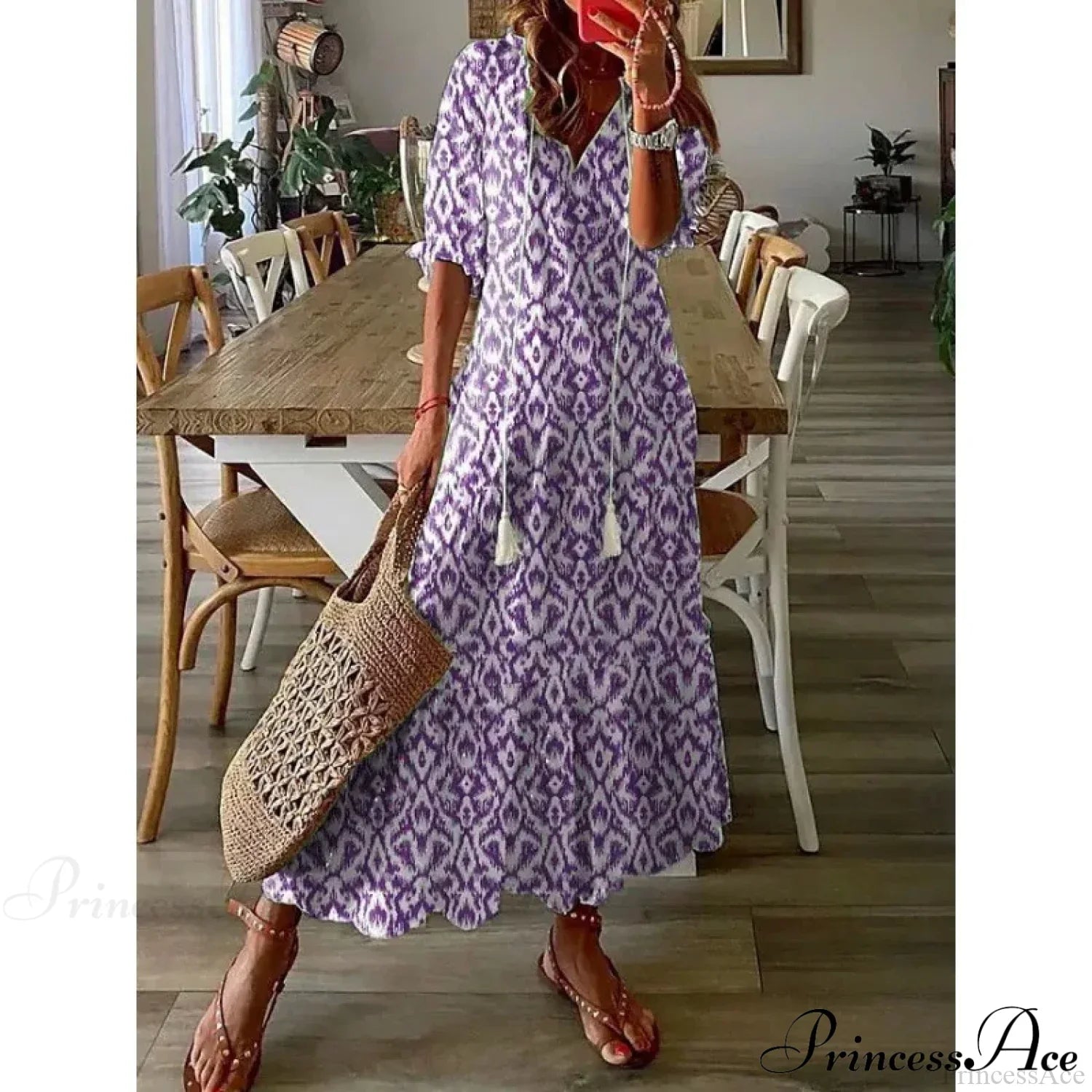 Bohemian Vintage Floral V-neck Summer Beach Dress PURPLE / S oldfloraldress-250126
