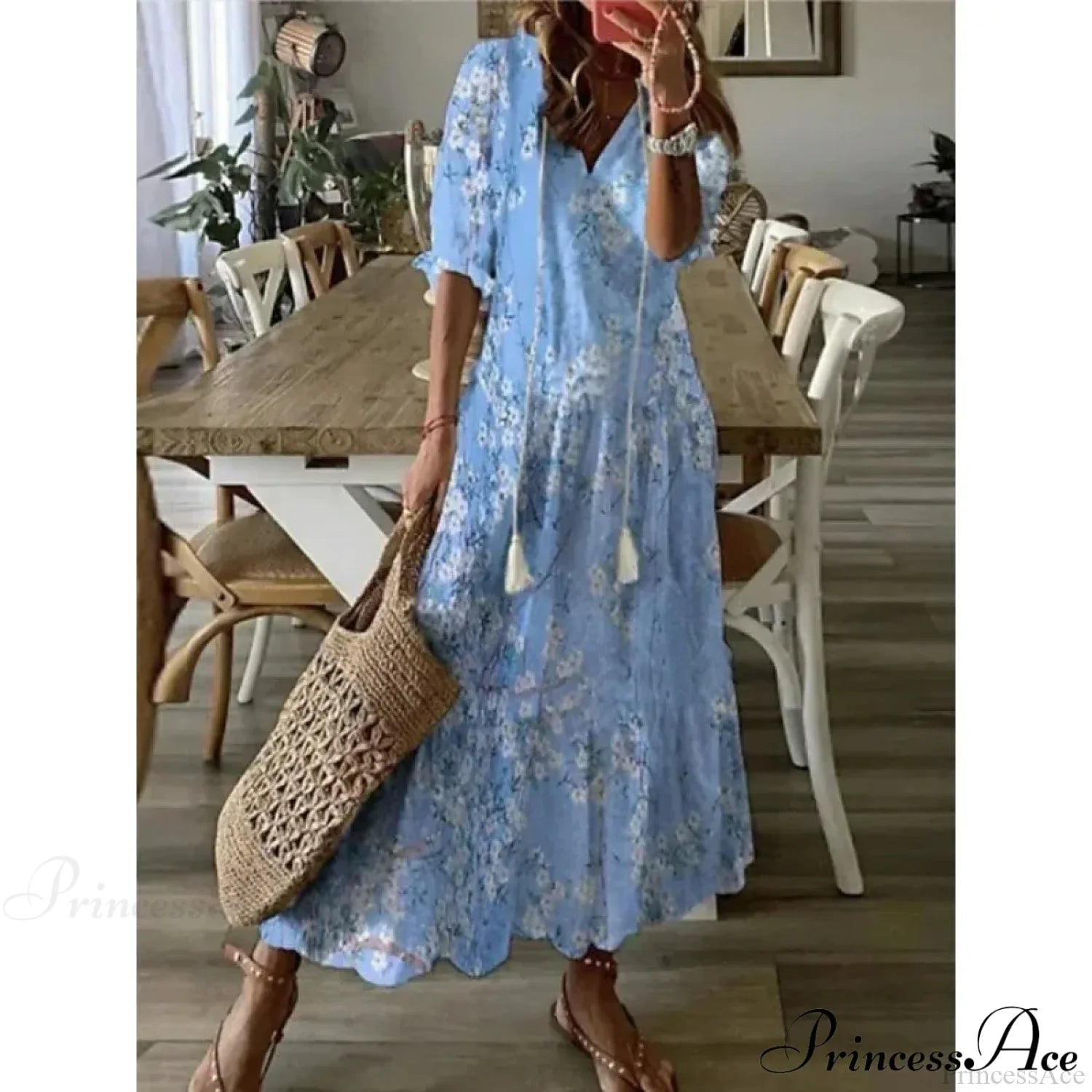 Bohemian Vintage Floral V-neck Summer Beach Dress SKY BLUE / S oldfloraldress-250126