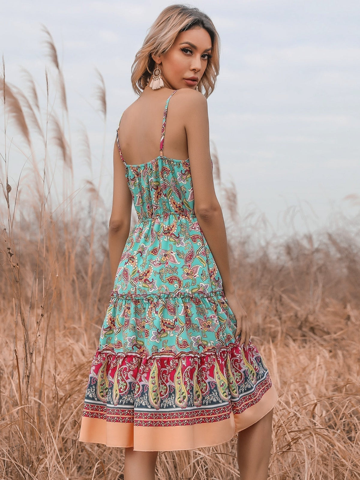 Paisley Print V-Neck Spaghetti Strap Tiered Mini Dress