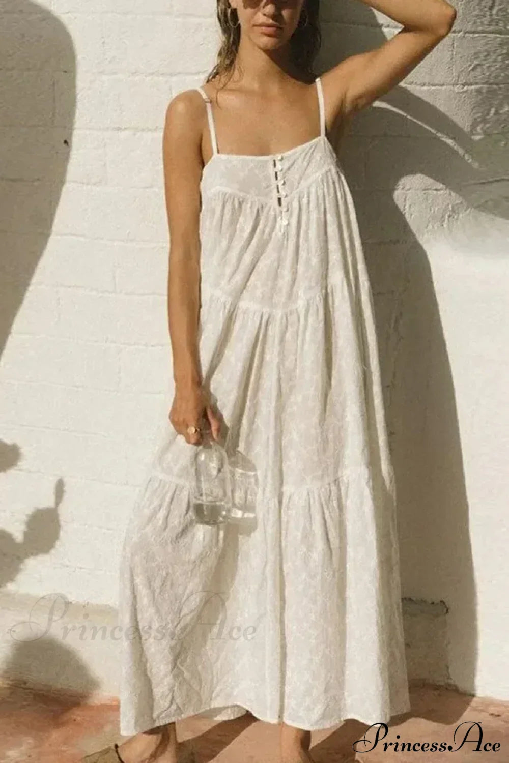 Boho Beach White Cotton Lace A-line Dress WHITE / S bohodress-250126