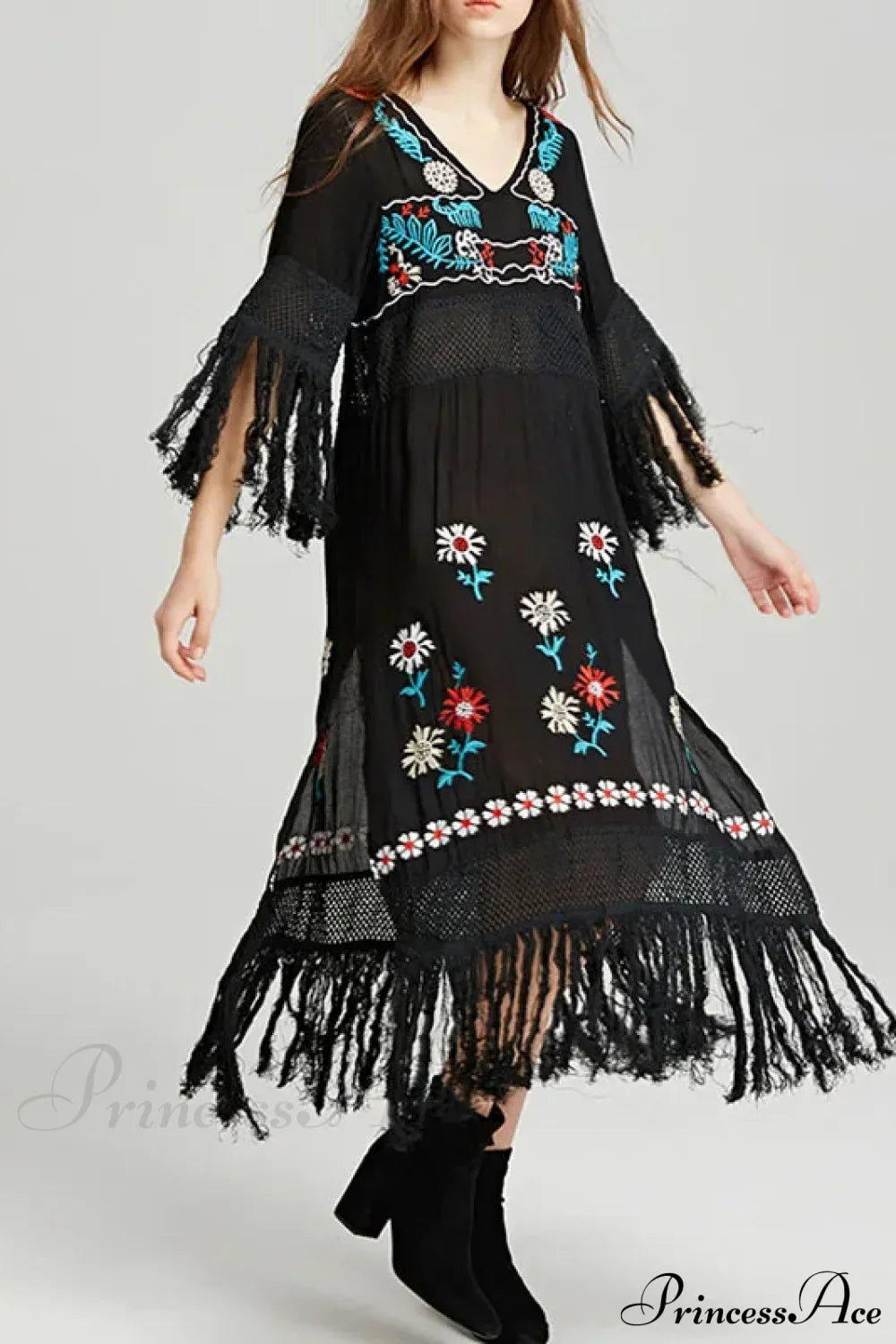 Boho Black Cotton Floral Embroidery Dress Black / S bohodress-250126