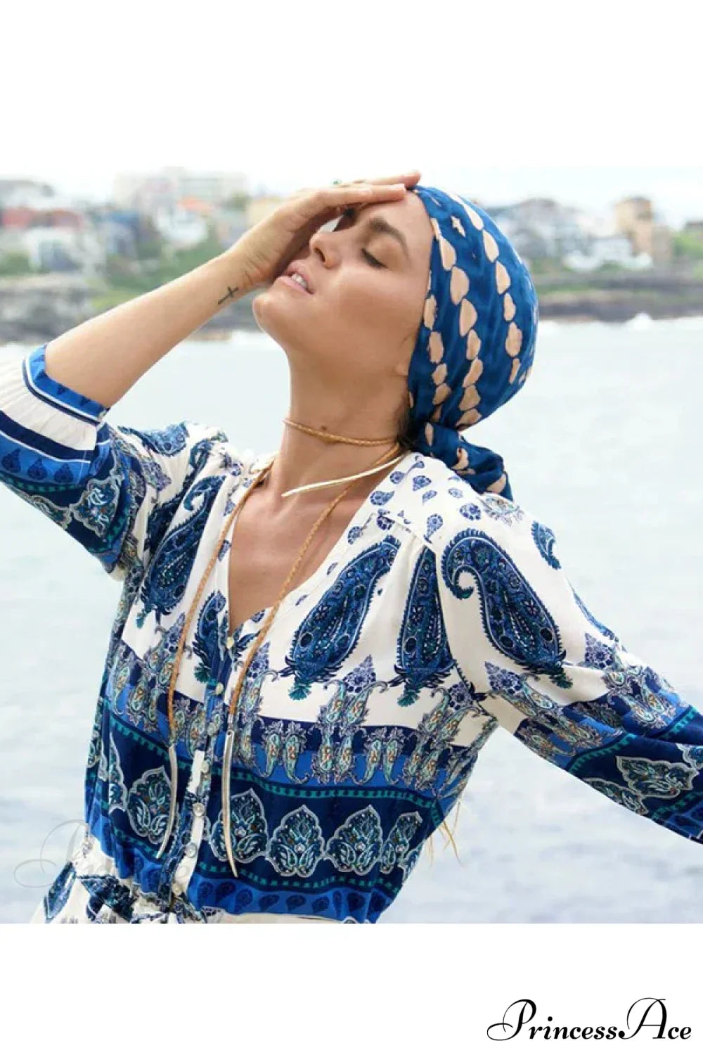 Boho Blue Floral Print V-neck Drawstring Waist Summer Dress