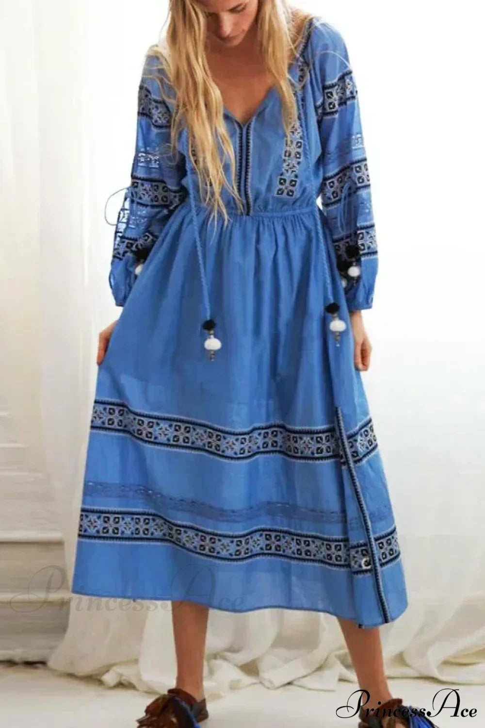 Boho Blue/White Cotton Rayon Maxi Dress