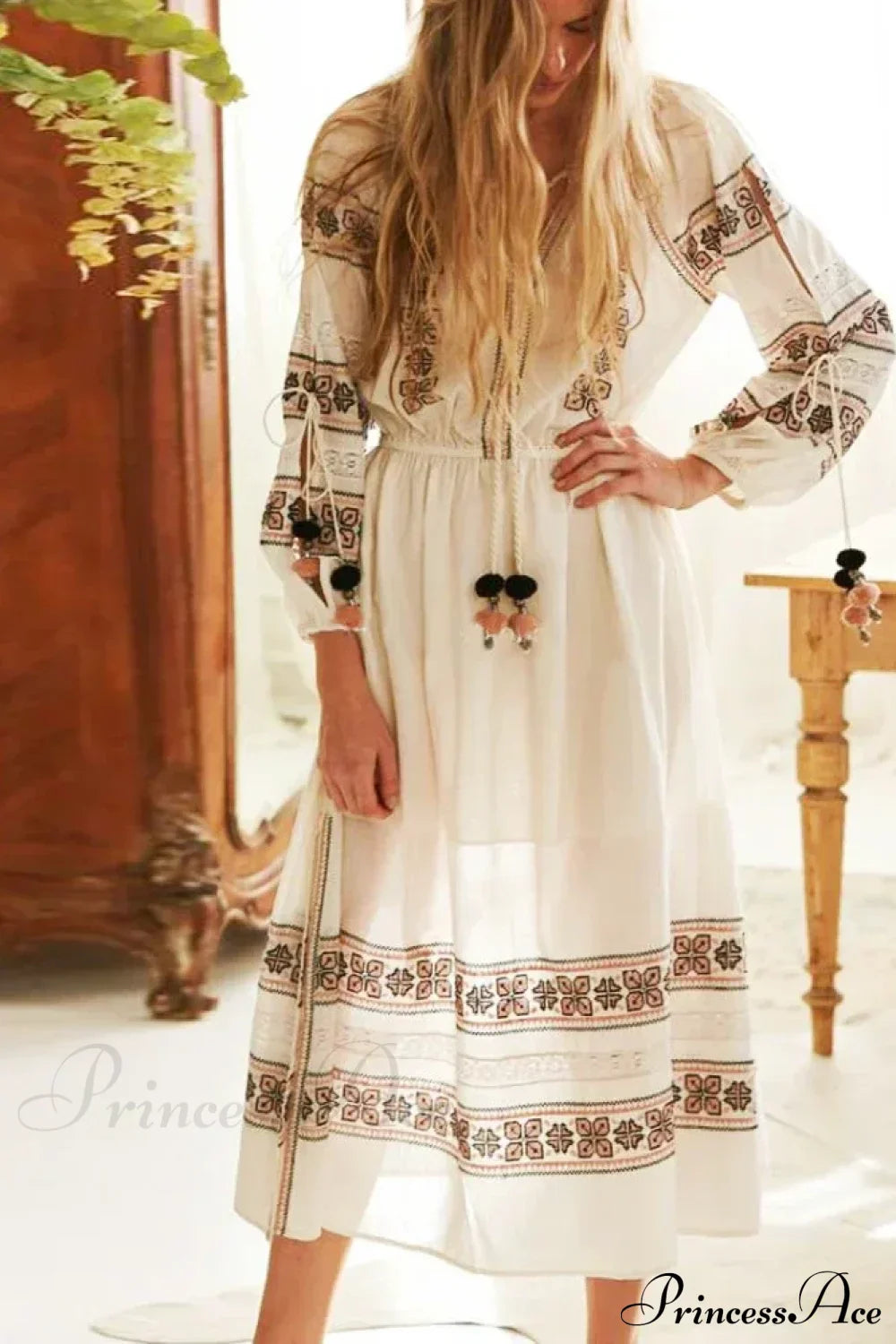 Boho Blue/White Cotton Rayon Maxi Dress