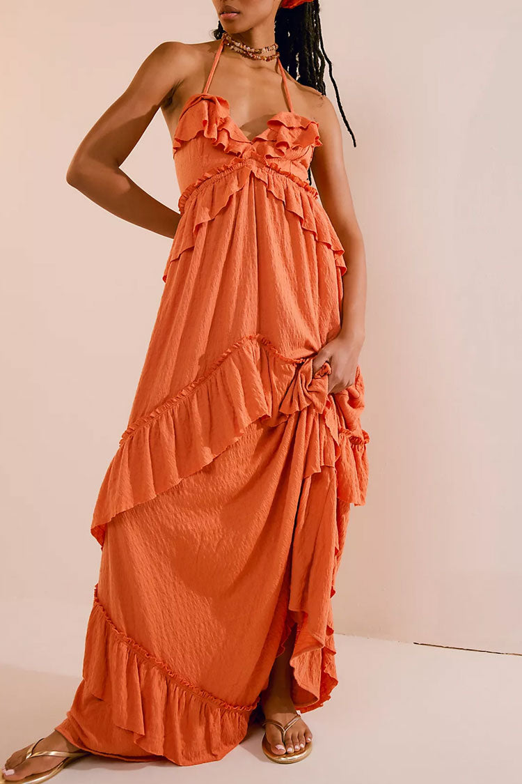 Boho Chic Halter Backless Empire Waist Ruffle Tiered Beach Vacation Maxi Dress