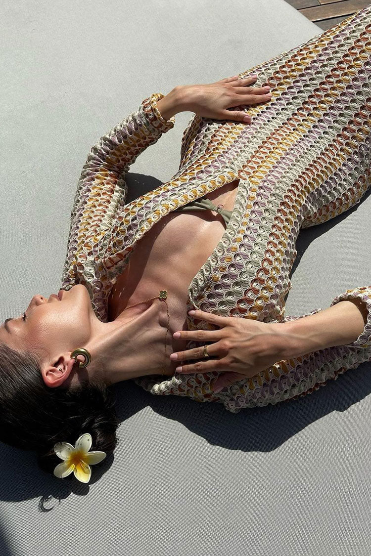 Boho Collared V Neck Split Wavy Striped Crochet Beach Vacation Maxi Dress - Brown  Fashionpara