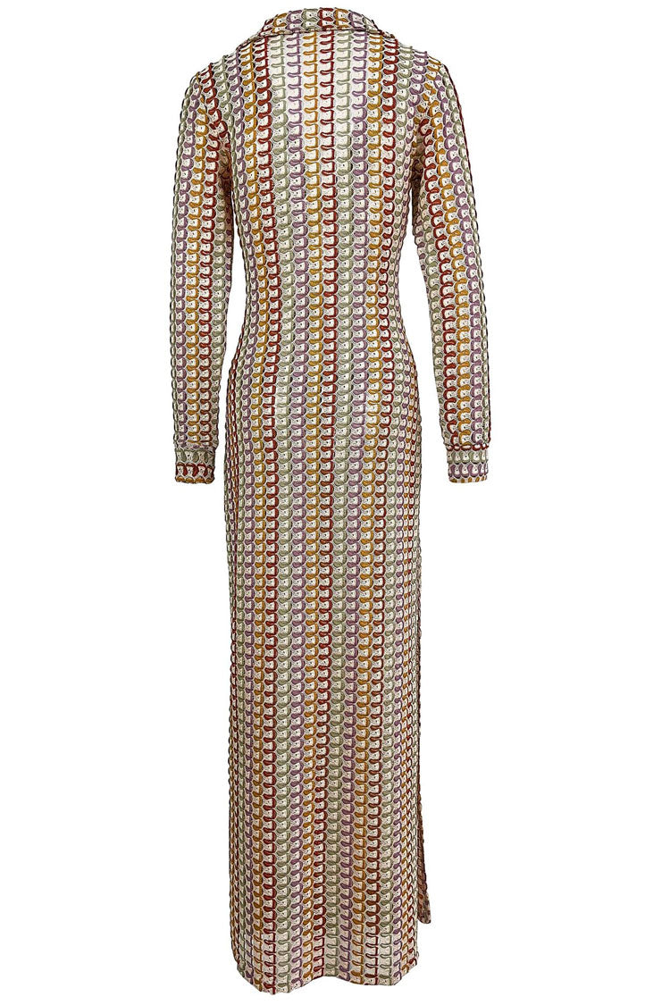 Boho Collared V Neck Split Wavy Striped Crochet Beach Vacation Maxi Dress - Brown  Fashionpara