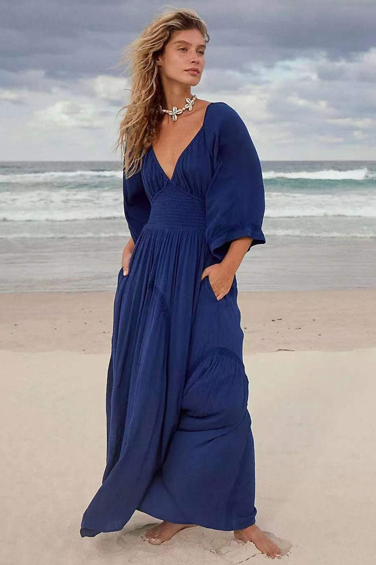Boho Deep V Shirred Embroidered Lace Chiffon Beach Vacation Maxi Dress