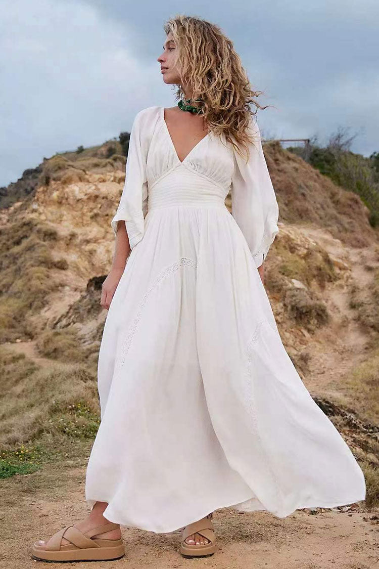 Boho Deep V Shirred Embroidered Lace Chiffon Beach Vacation Maxi Dress