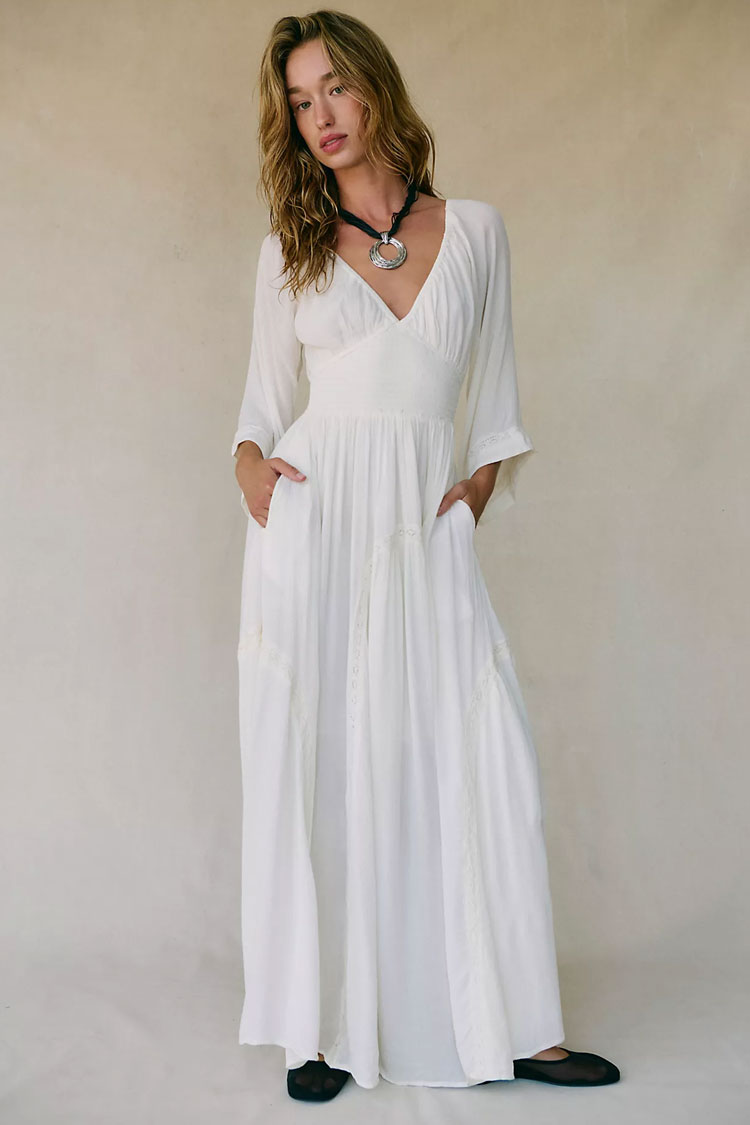 Boho Deep V Shirred Embroidered Lace Chiffon Beach Vacation Maxi Dress