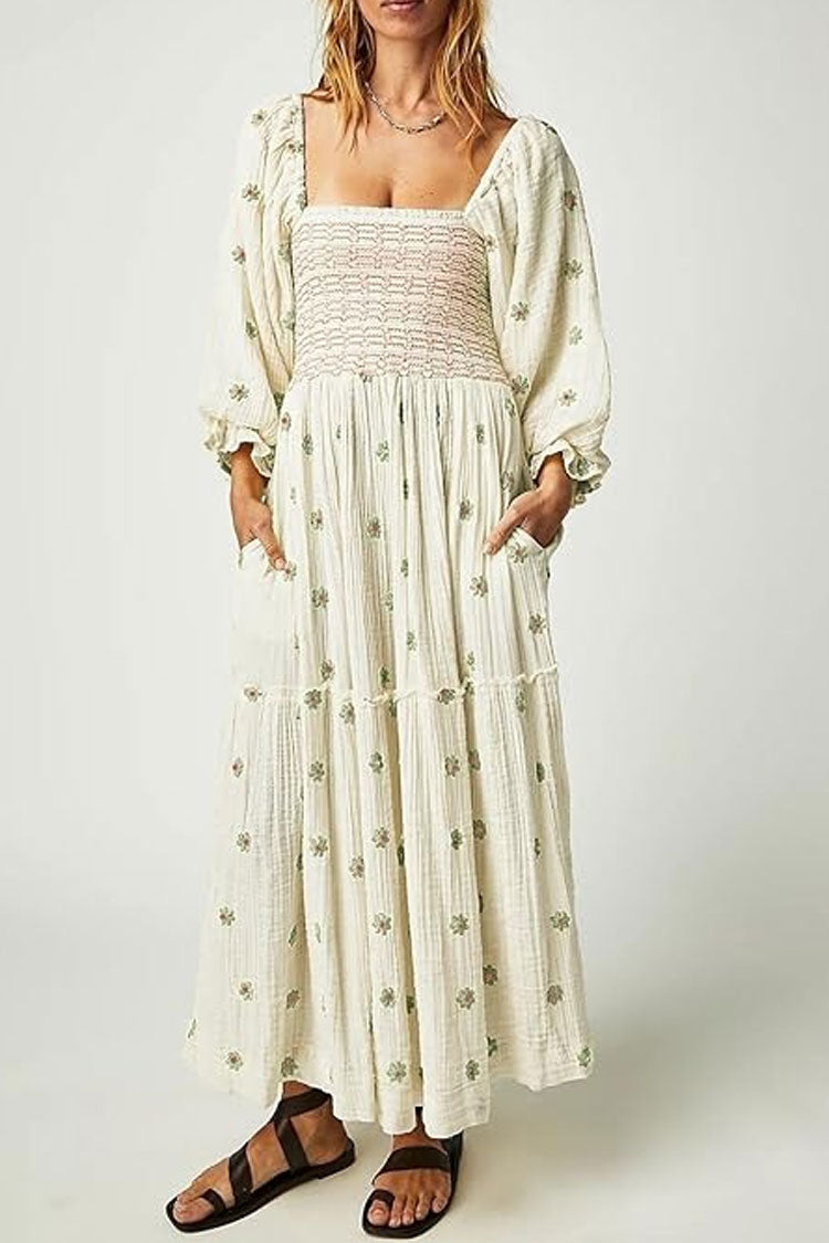 Boho Floral Embroidered Puff Sleeve Tiered Smock Beach Vacation Midi Dress