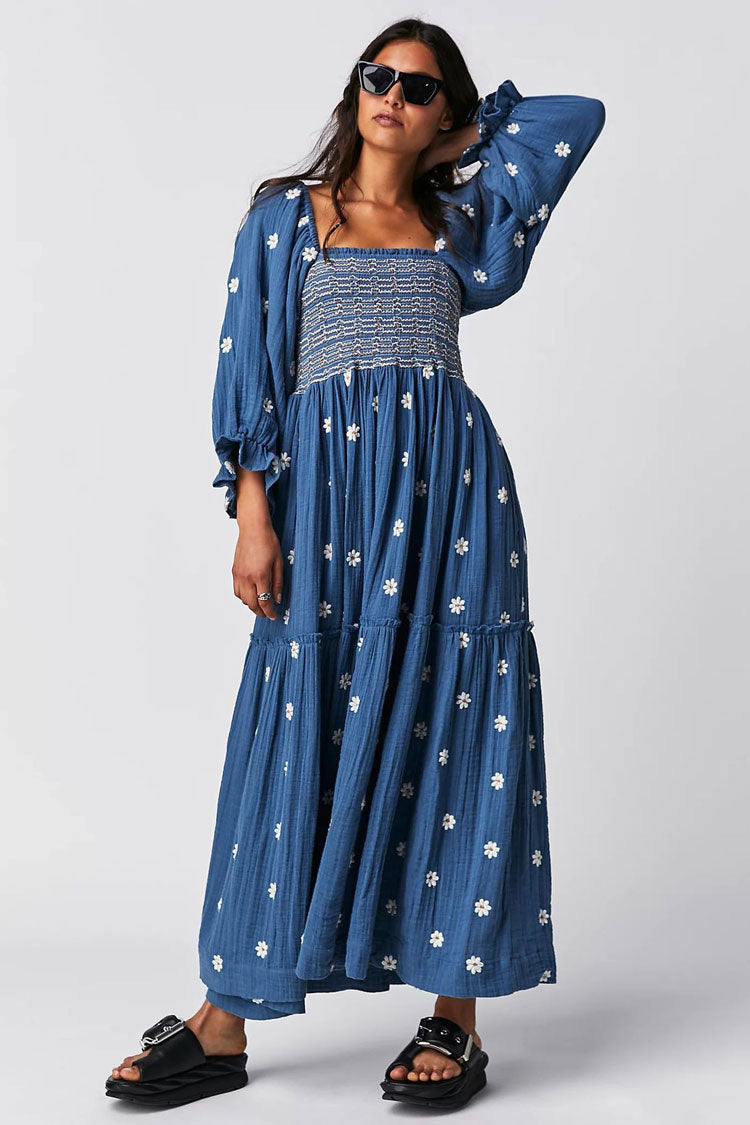 Boho Floral Embroidered Puff Sleeve Tiered Smock Beach Vacation Midi Dress
