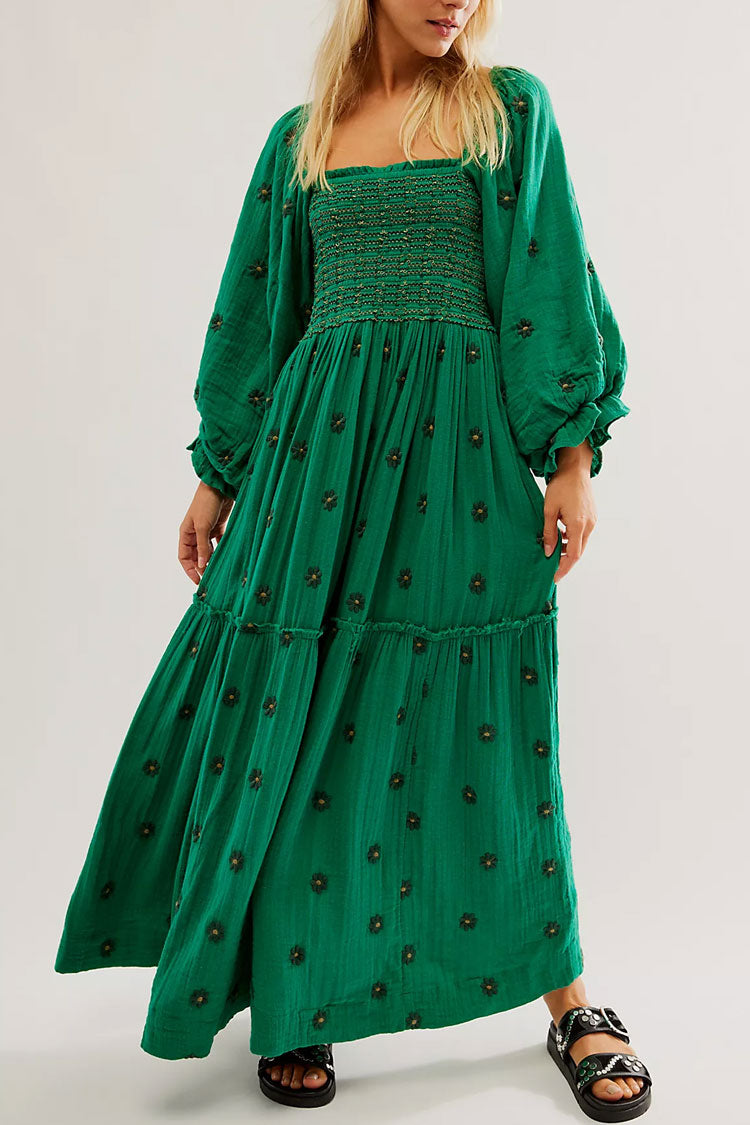 Boho Floral Embroidered Puff Sleeve Tiered Smock Beach Vacation Midi Dress