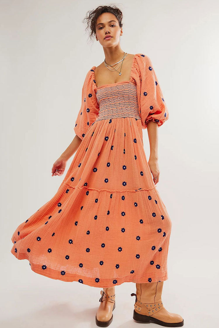 Boho Floral Embroidered Puff Sleeve Tiered Smock Beach Vacation Midi Dress