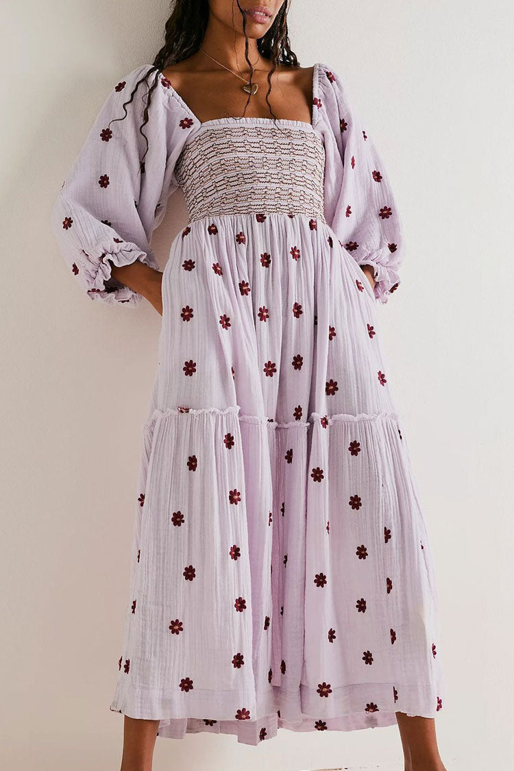 Boho Floral Embroidered Puff Sleeve Tiered Smock Beach Vacation Midi Dress