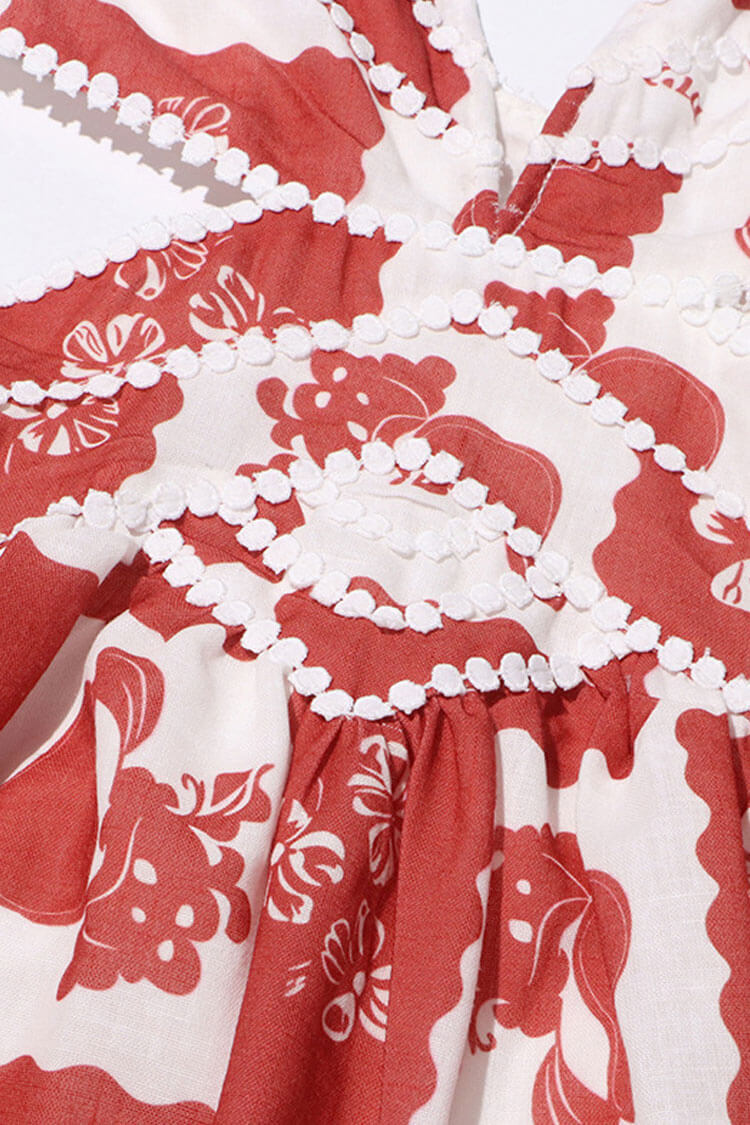 Boho Floral Patchwork Dotted Plunge Cutout Waist Vacation Mini Sundress - Fashionpara