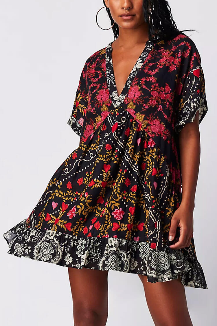 Boho Floral Patchwork V Neck Ruffle Babydoll Beach Vacation Mini Dress