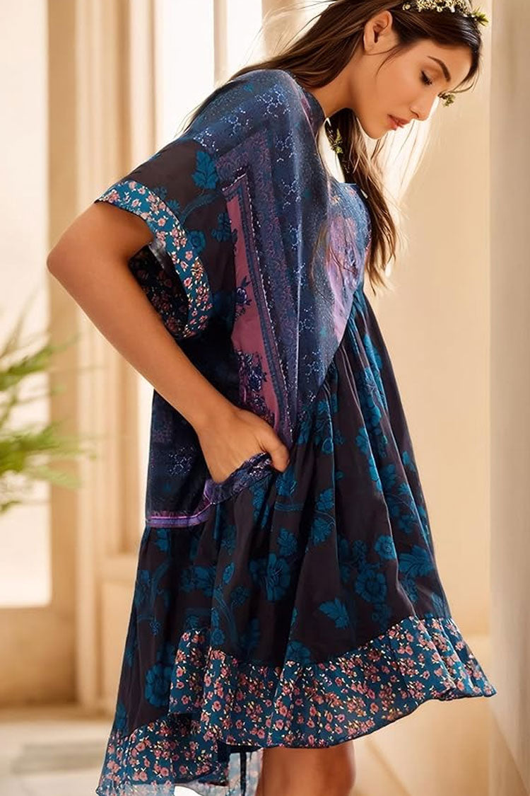 Boho Floral Patchwork V Neck Ruffle Babydoll Beach Vacation Mini Dress