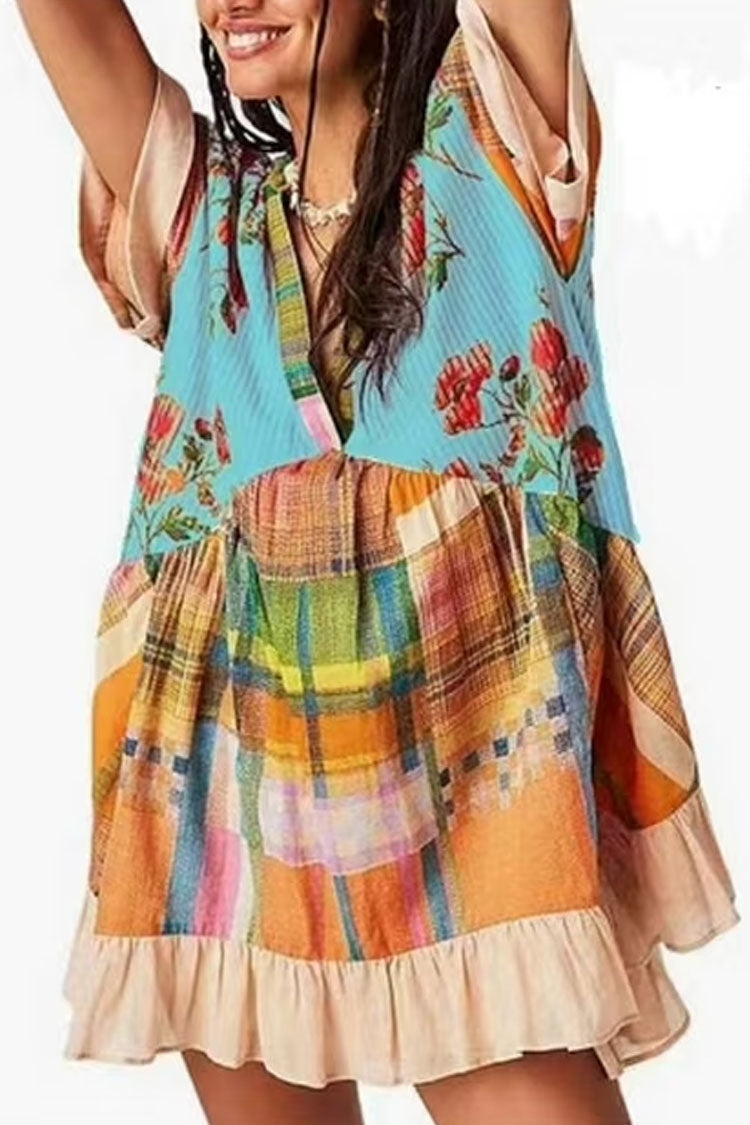 Boho Floral Patchwork V Neck Ruffle Babydoll Beach Vacation Mini Dress