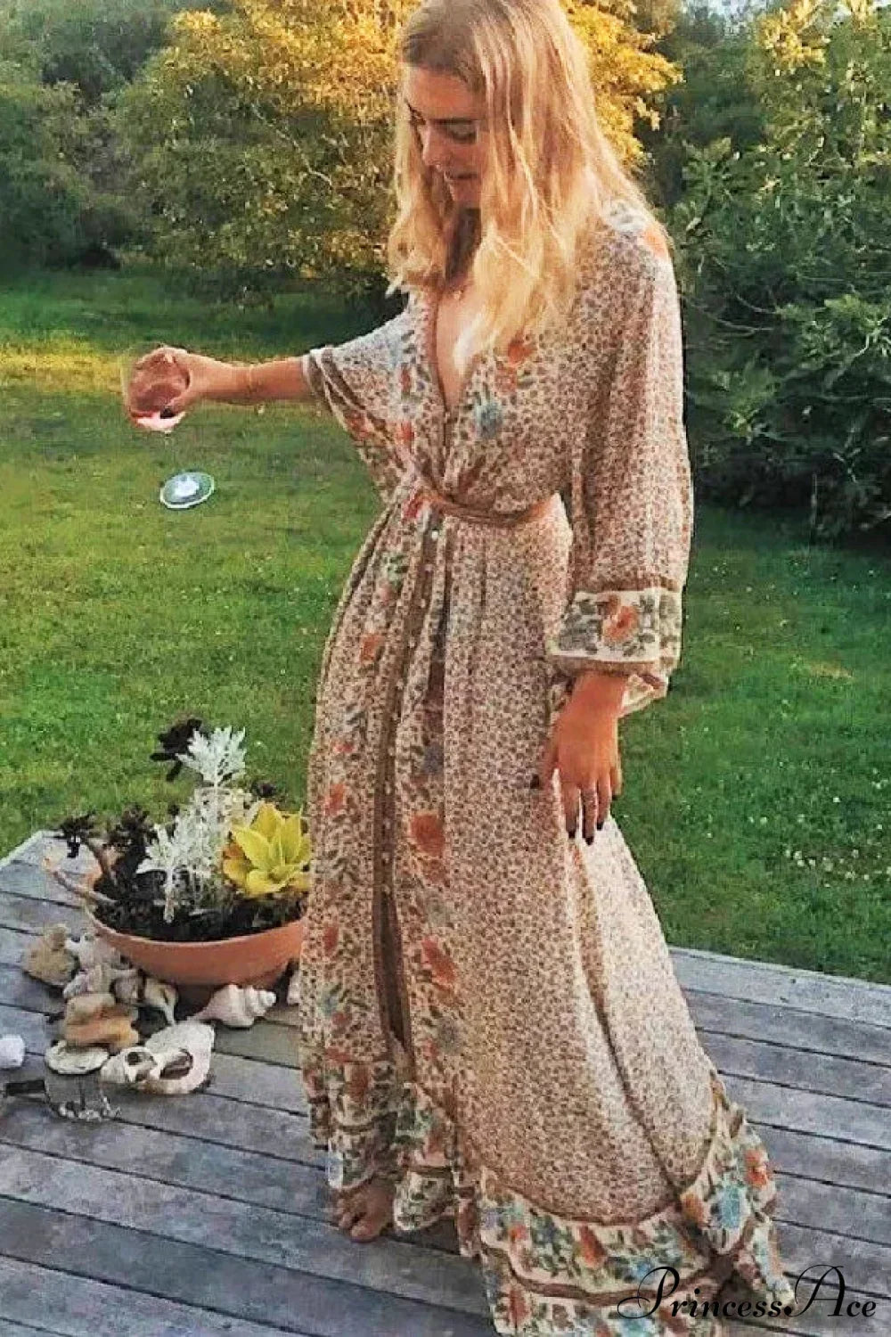 Boho Floral Print Maxi Dress Khaki / S bohodress-250126