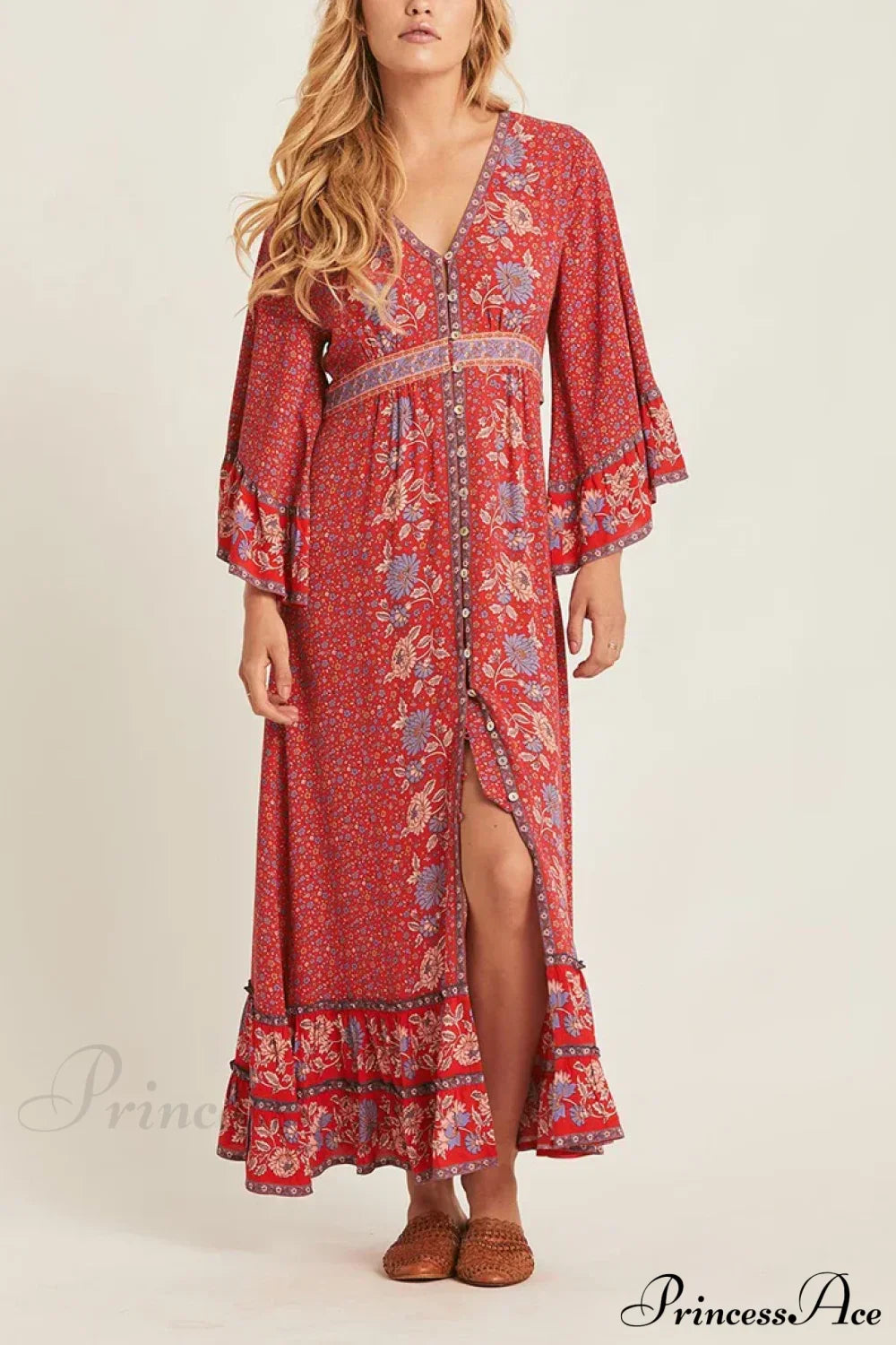 Boho Floral Print Maxi Dress Red / S bohodress-250126