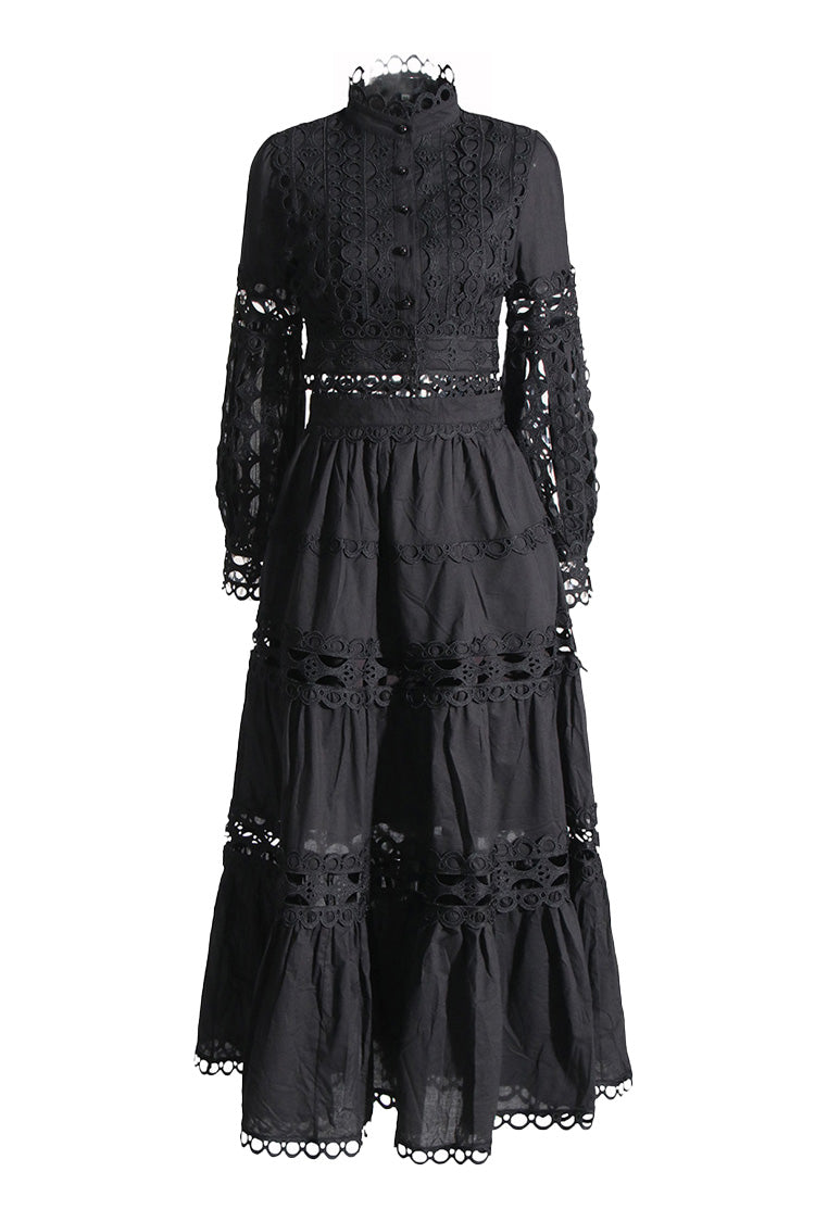 Boho Floral Scalloped Cutout Lace Button Up Maxi Skirt Two Piece Dress - Fashionpara