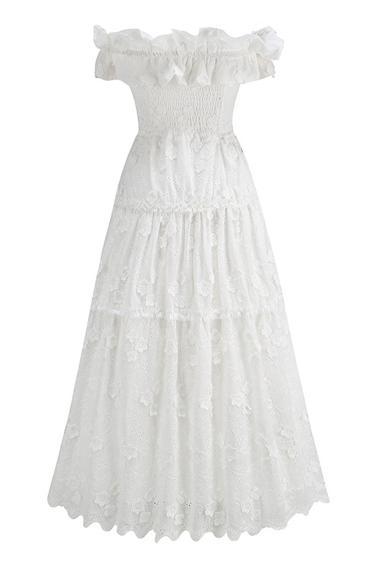 Boho Flower Embroidered Ruffle Off Shoulder Smocked Split Vacation Midi Dress - Fashionpara