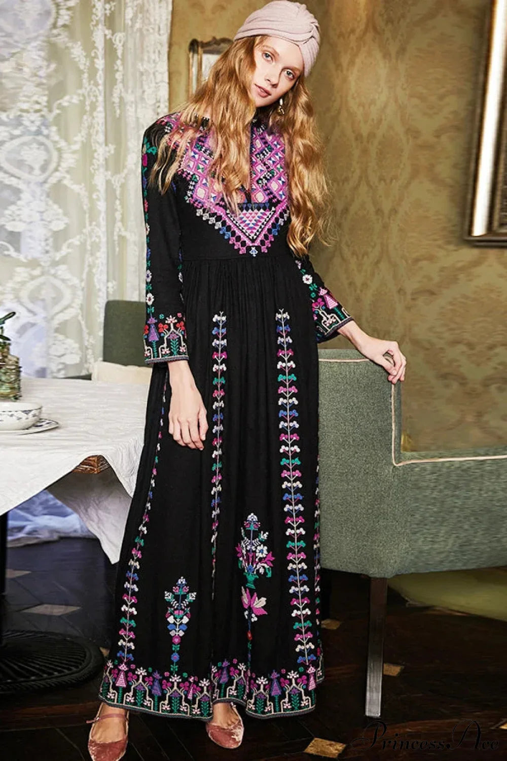 Boho Long Dress Ethnic Floral Embroidery Rayon V-neck Chic Dress