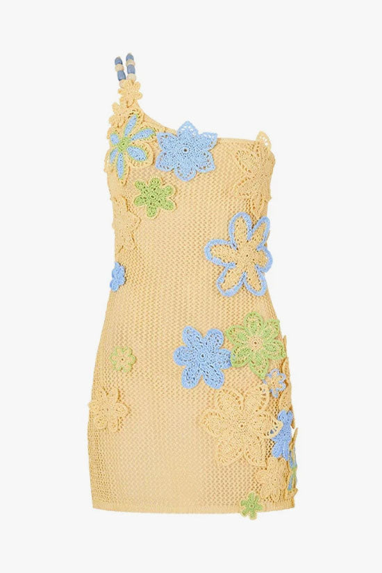 Boho One Shoulder Lace Up Backless Floral Crochet Knit Mini Dress