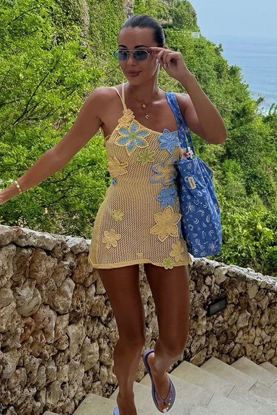 Boho One Shoulder Lace Up Backless Floral Crochet Knit Mini Dress