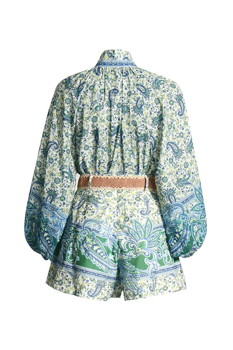 Boho Paisley Mandarin Collar Button Down High Rise Two Piece Short Set - Fashionpara