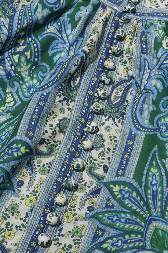 Boho Paisley Mandarin Collar Button Down High Rise Two Piece Short Set - Fashionpara