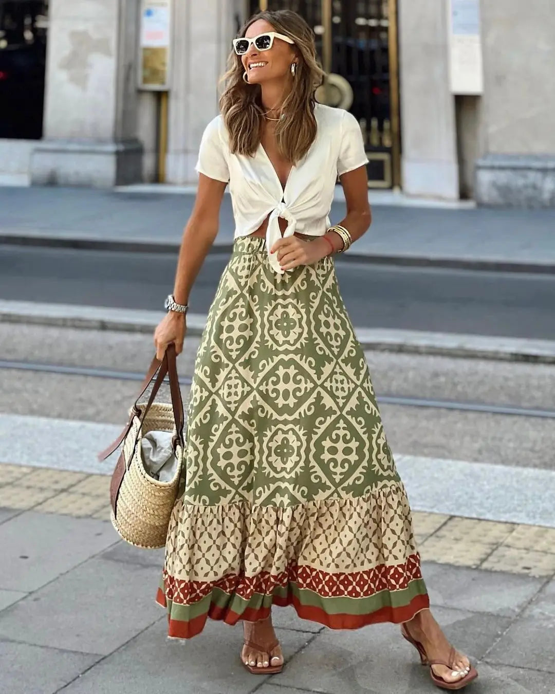 Boho Print High Waist Maxi Skirt Casual Loose Summer Skirt