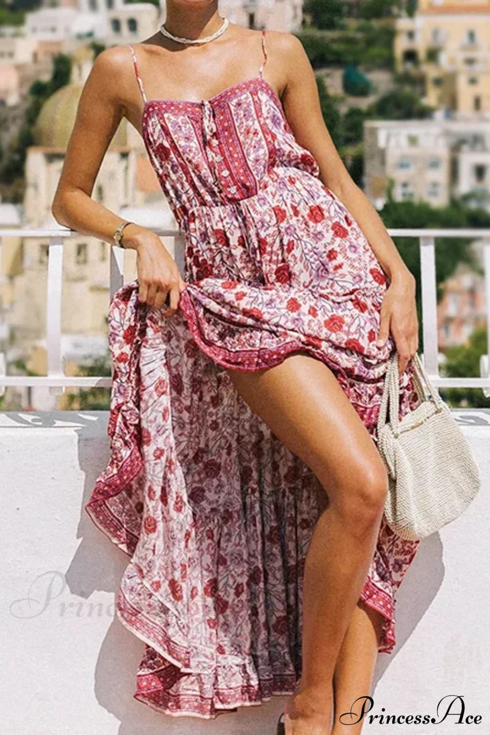 Boho Strap Dresses Gypsy Sleeveless Rayon Floral Print Maxi Dress RED / S bohodress-250126