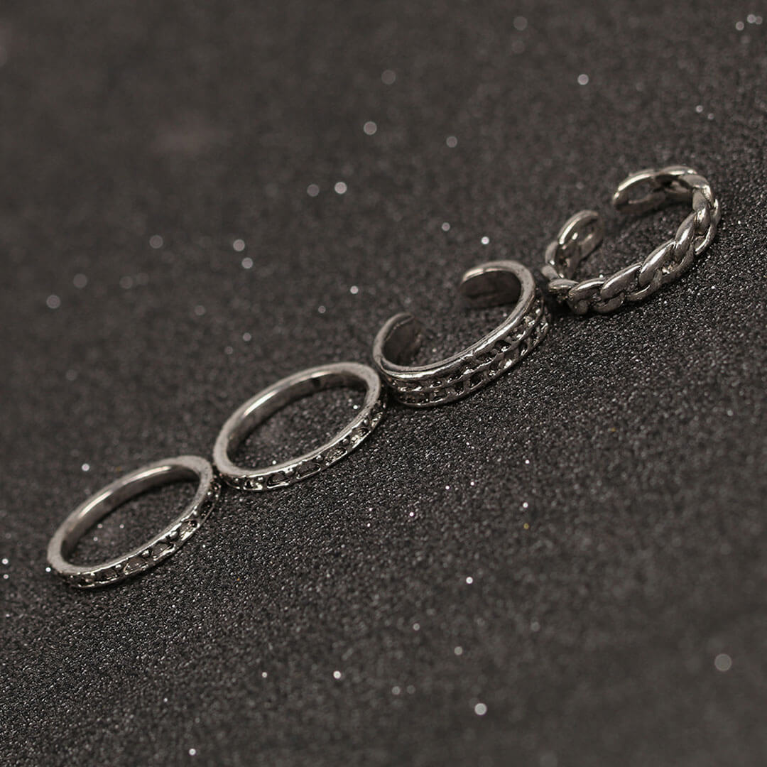 Multi Mix Stone Trimmed Embossed Ring Set - Silver