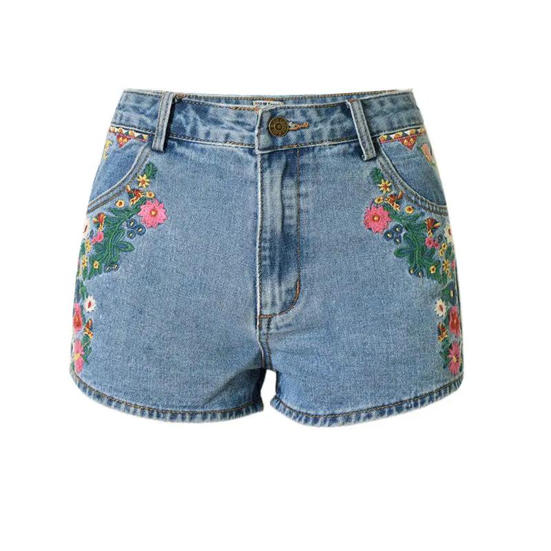Boho Style Floral Embroidered High Waist Denim Shorts - Blue  Fashionpara