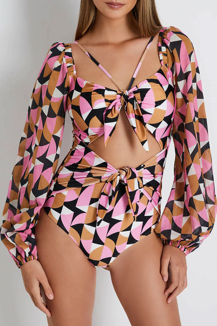 Boho Style Geoemtric Print Cut Out Knot Front Puff Sleeve One Piece Swimsuit - Fashionpara