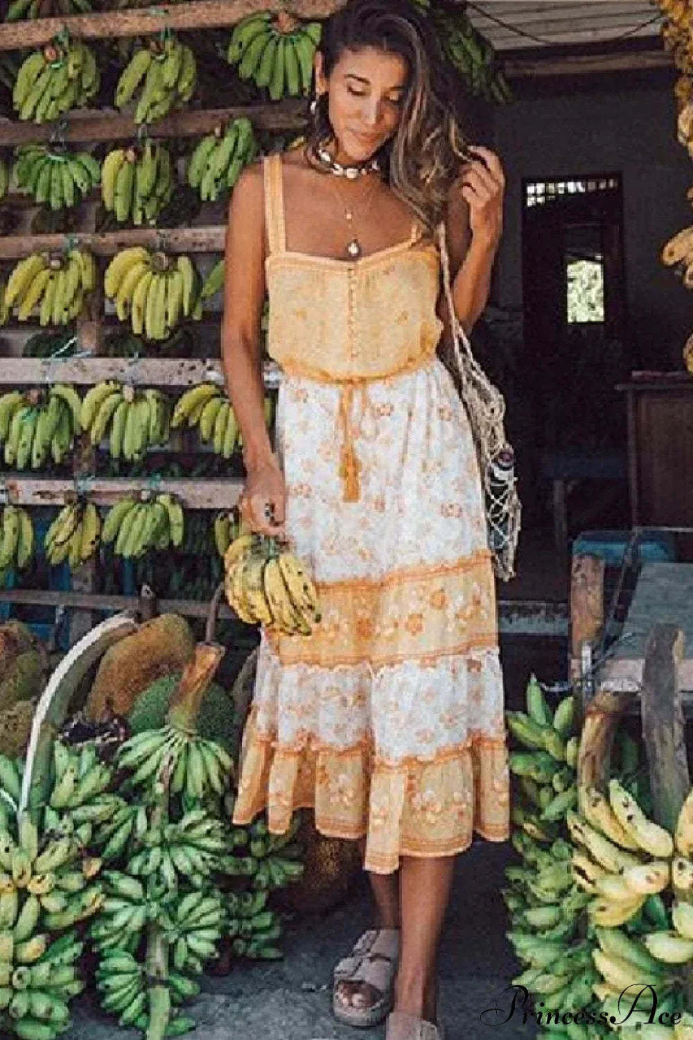 Boho Sundress Sexy Sleeveless Strap Rayon Floral Beach Dress Orange / S bohodress-250126